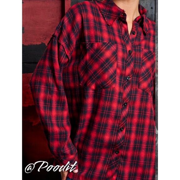 FANTASTIC FAWN Embellished red and black oversized flannel S M L - Picture 3 of 12